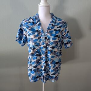 Stio Women’s Medium Marion Blue Brush Stroke Camp Shirt Button Up Short Sleeve